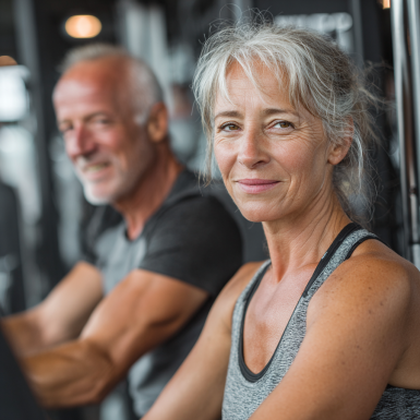 Група літніх людей займається фітнесом у залі